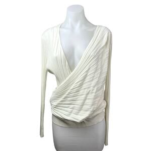 NEW Calvin Klein Women's Cream Ribbed Long Sleeve Wrap Sweatshirt Sweater Top L